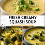 Creamy bowl of squash and zucchini soup with broccoli florets and light garnish in a rustic kitchen setting